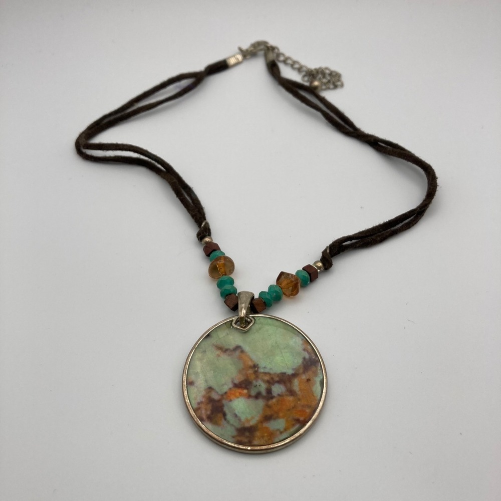 KC Boho Round Faux Stone Pendant Necklace Brown Cord Turquoise Amber Beads